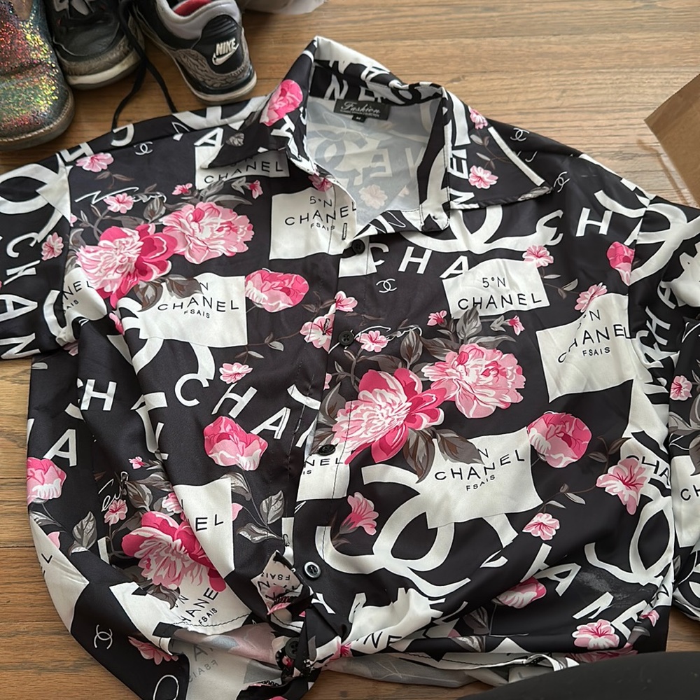 Designer inspired long sleeve button up blouse